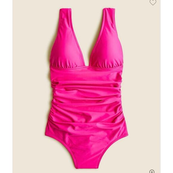 J Crew NWT Ruched One Piece Deep V Neck Bright Pink Swimsuit Size 8 - Picture 1 of 16